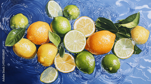 Vibrant overhead arrangement of citrus fruits, featuring fresh lemons and limes on a bright yellow backdrop. A cheerful, zesty display perfect for promoting freshness, healthy living, and sunny, tropi photo