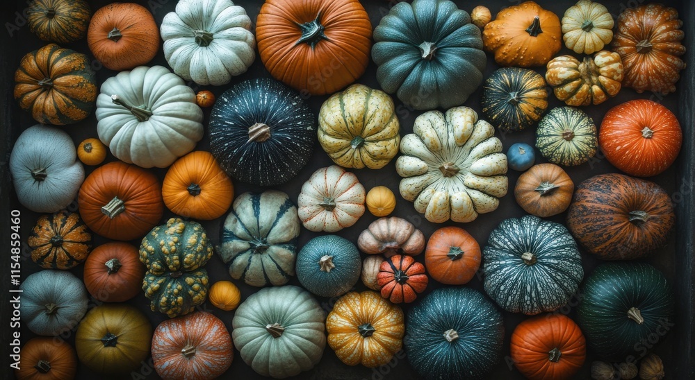 Fototapeta premium A Vibrant Display of Assorted Pumpkins in Various Shapes, Sizes, and Colors Capturing the Essence of Autumn and Harvest Celebrations