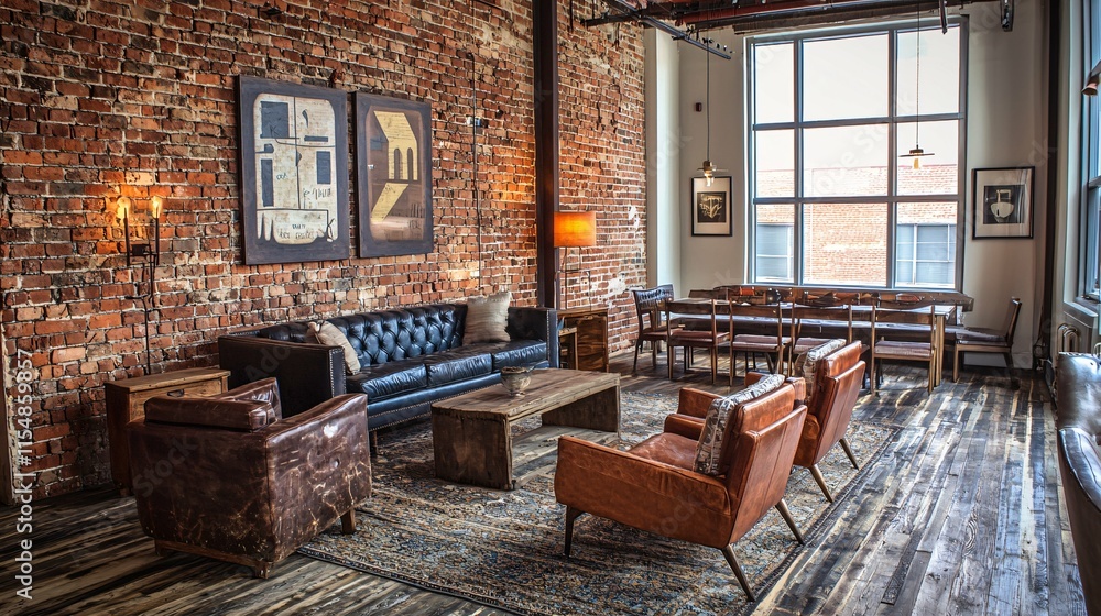 Fototapeta premium A rustic brick wall enhances a chic industrial space adorned with vintage furnishings, warm lighting, and eclectic decor, embodying a charming and authentic modern lifestyle.