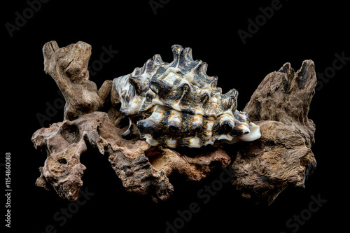 Spiked Vasum Seashell and Driftwood Composition photo