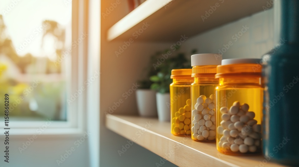 Medicine bottles neatly arranged on a wooden shelf, symbolizing the importance of organization and care in healthcare management. Medicine bottles neatly arranged on a wooden shelf, symbolizing the importance of organization and care in healthcare management.