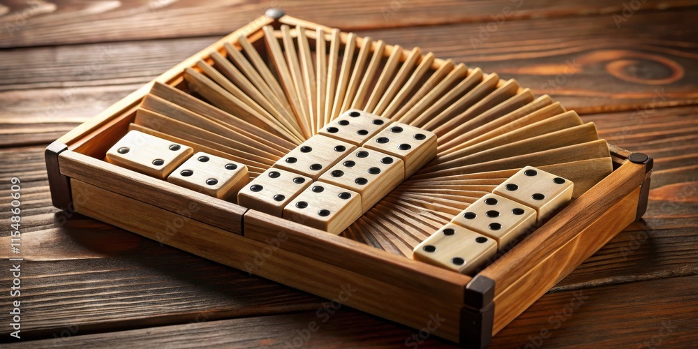 Wooden dominoes game set in a handcrafted box with tiles arranged in a captivating pattern Wooden dominoes game set in a handcrafted box with tiles arranged in a captivating pattern