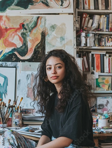 A confident woman embraces self-reinvention in a contemporary studio filled with personal growth literature and art supplies, symbolizing her transformative journey towards empowerment. photo