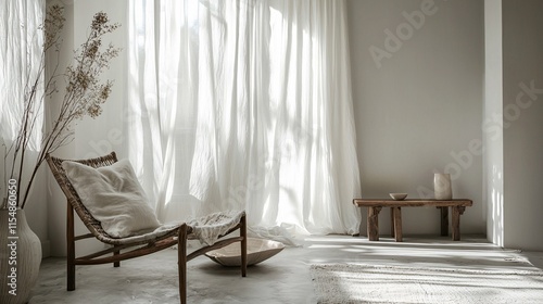 A tranquil minimalist studio bathed in soft natural light, featuring subtle decor and muted hues that invite relaxation.