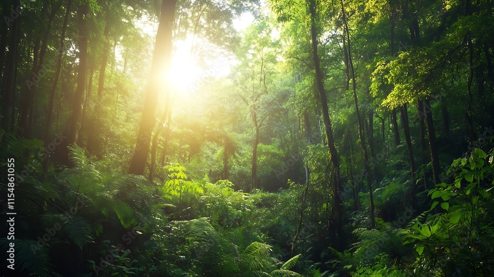 Obraz premium Sunlight filtering through lush rainforest canopy. Concept of nature, wilderness, and tranquility.