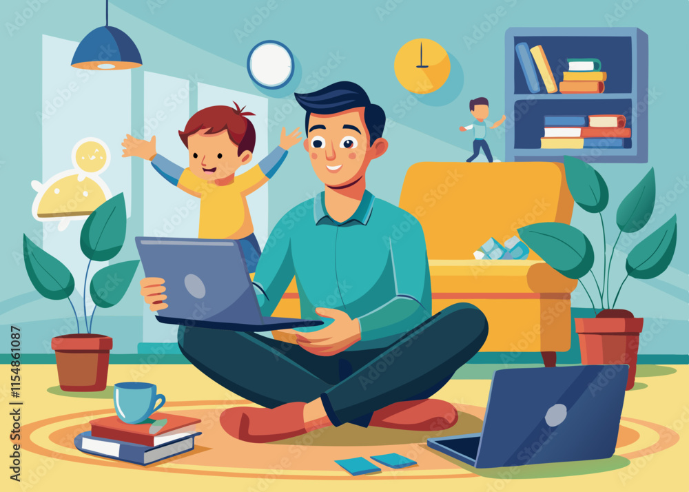 A parent assisting their young child with a laptop while juggling work on their own device, with a slightly chaotic home environment. A parent assisting their young child with a laptop while juggling work on their own device, with a slightly chaotic home environment.