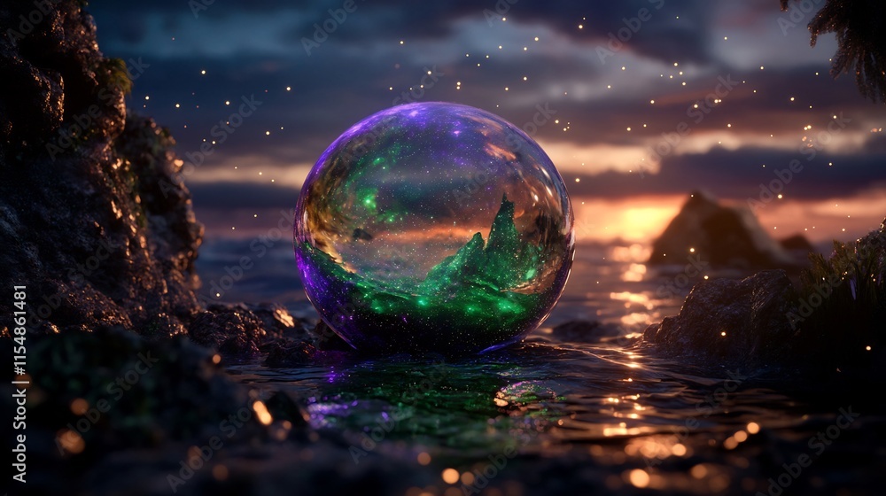 Enchanted Glass Sphere on a Rocky Shore at Sunset Enchanted Glass Sphere on a Rocky Shore at Sunset