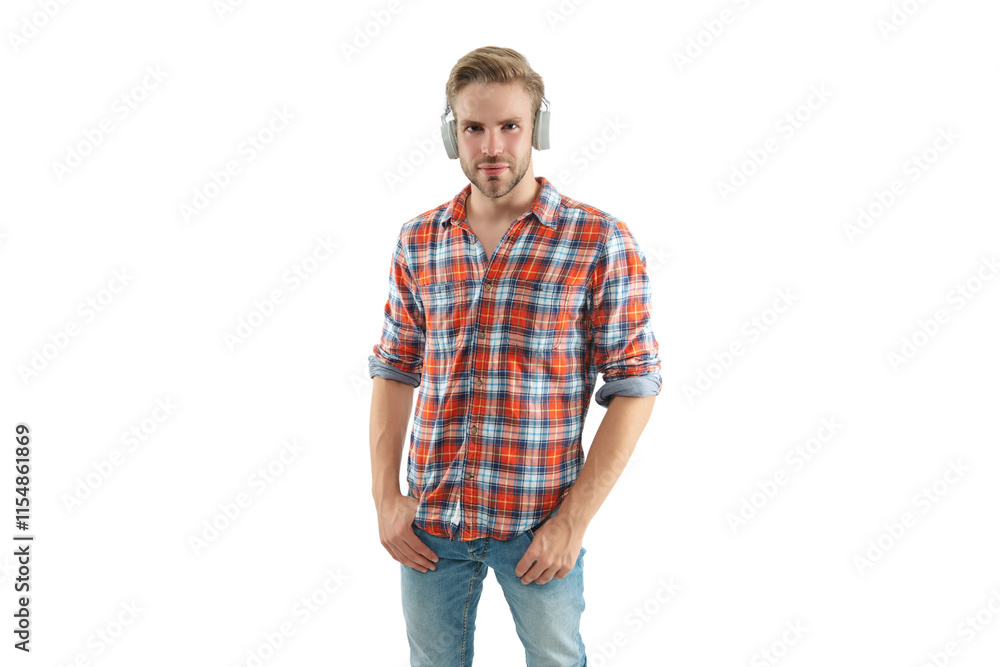 Music lover lifestyle. Student life. Audio book. Millennial man listen music isolated on white. Modern lifestyle. Favorite song. Listen to music in headphones. Man millennial gen listen audio