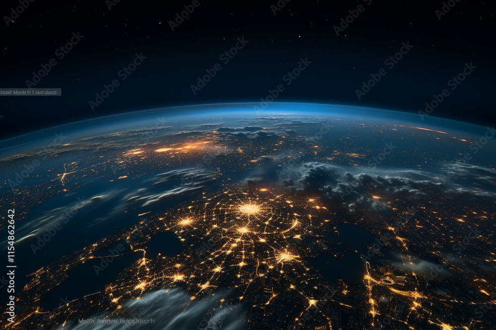 A Panoramic View of Earth from Space: Glowing City Lights at Night A Panoramic View of Earth from Space: Glowing City Lights at Night