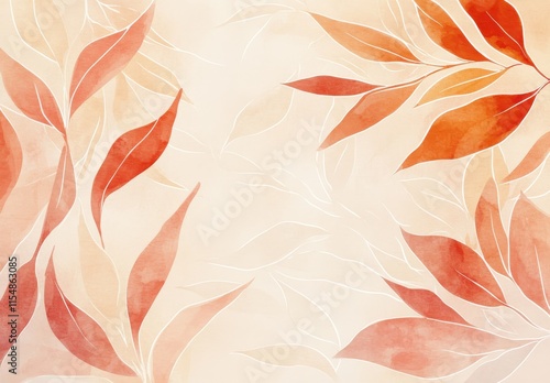 Abstract watercolor background with delicate leaves in warm shades of red and orange, featuring soft gradients and elegant outlines for creative design projects.