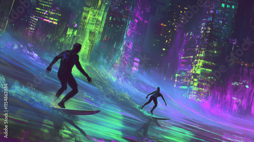 Surfers, Cityscape, Neon Lights, Freedom, Adventure photo