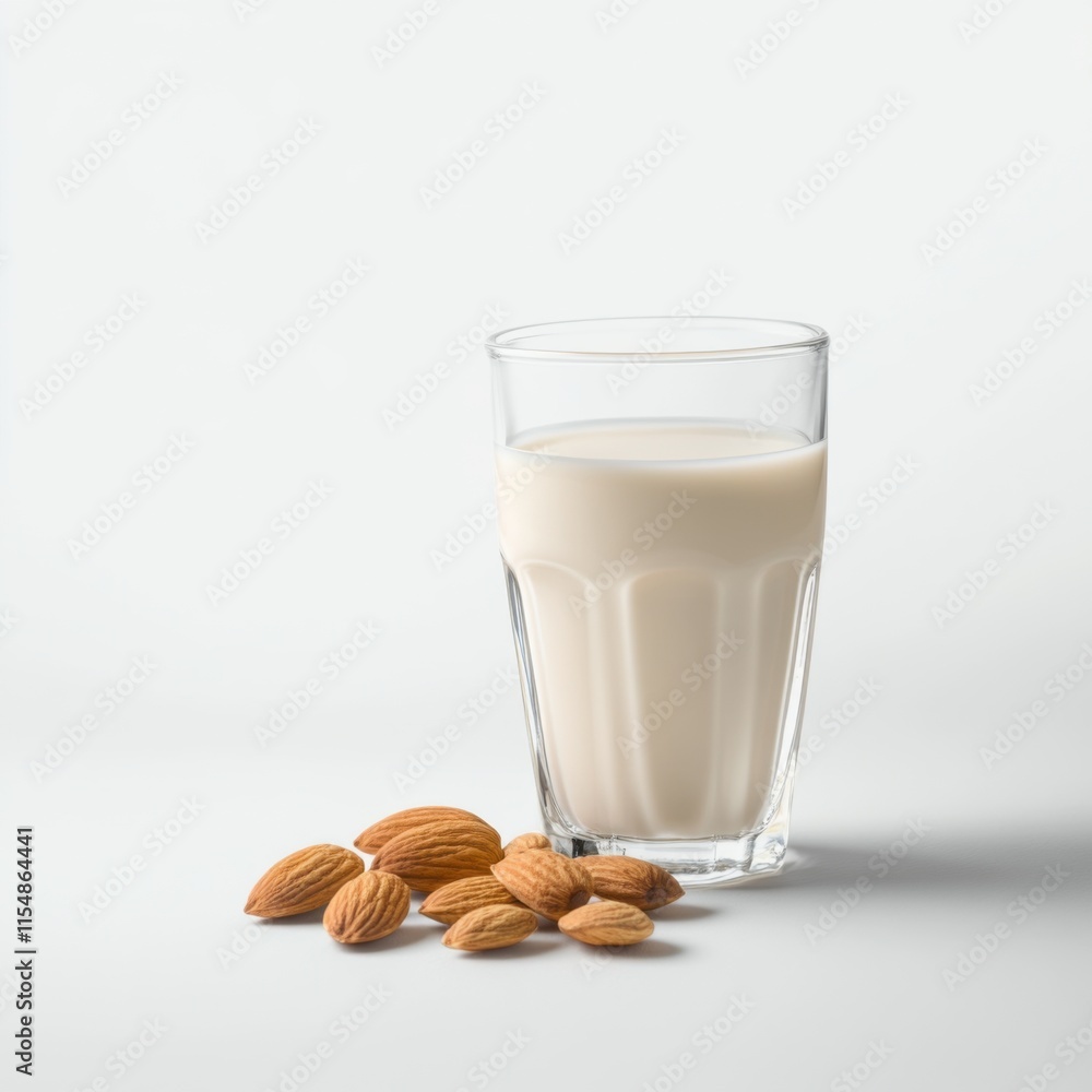 Creamy almond milk in a glass. Featuring almonds and vanilla Creamy almond milk in a glass. Featuring almonds and vanilla