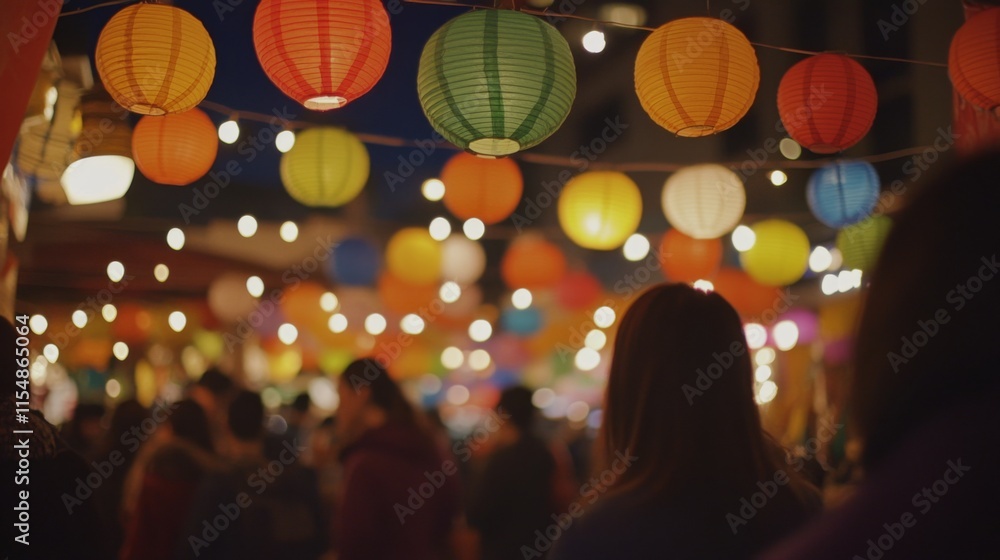 Vibrant Lanterns Illuminate Urban Night Market Scene Vibrant Lanterns Illuminate Urban Night Market Scene