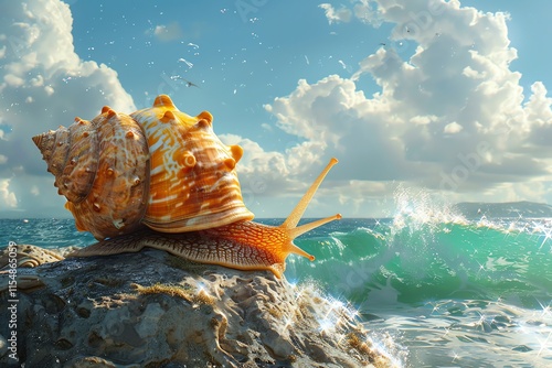 Snail on rock by ocean wave.