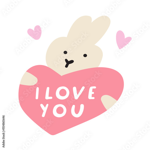 A cute little rabbit holds a heart. Phrase - I love you. Valentine's Day design. Illustration.