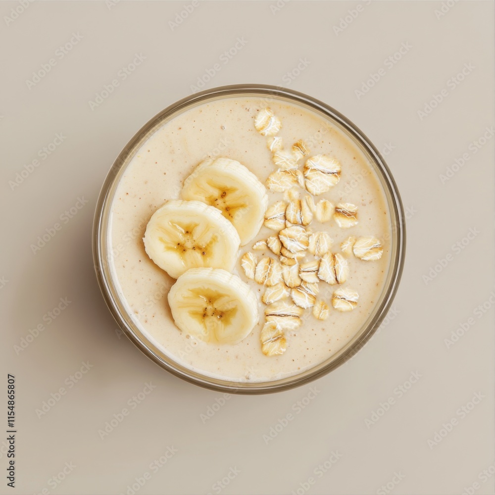 Creamy banana smoothie in a glass. Featuring banana slices and oats Creamy banana smoothie in a glass. Featuring banana slices and oats
