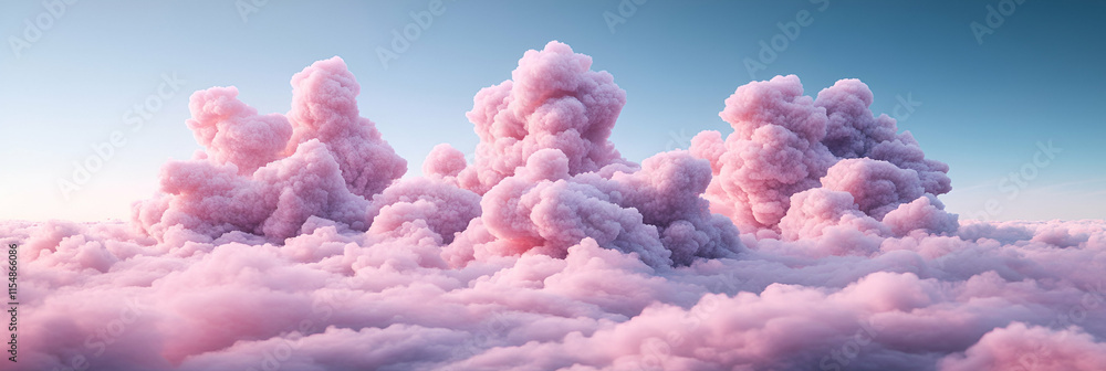 Fototapeta premium Pink Cloud Formations in a Pastel Sky, Dreamlike and Serene Above the Cloudscape. A Heavenly Scene of Fluffy Cotton Candy Clouds Glowing Softly at Dawn.