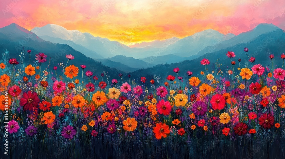 Obraz premium Vibrant floral landscape at sunset.
