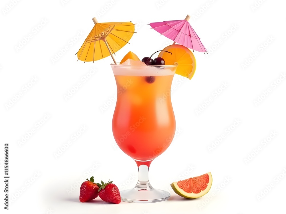 A vibrant cocktail garnished with fruit and umbrellas