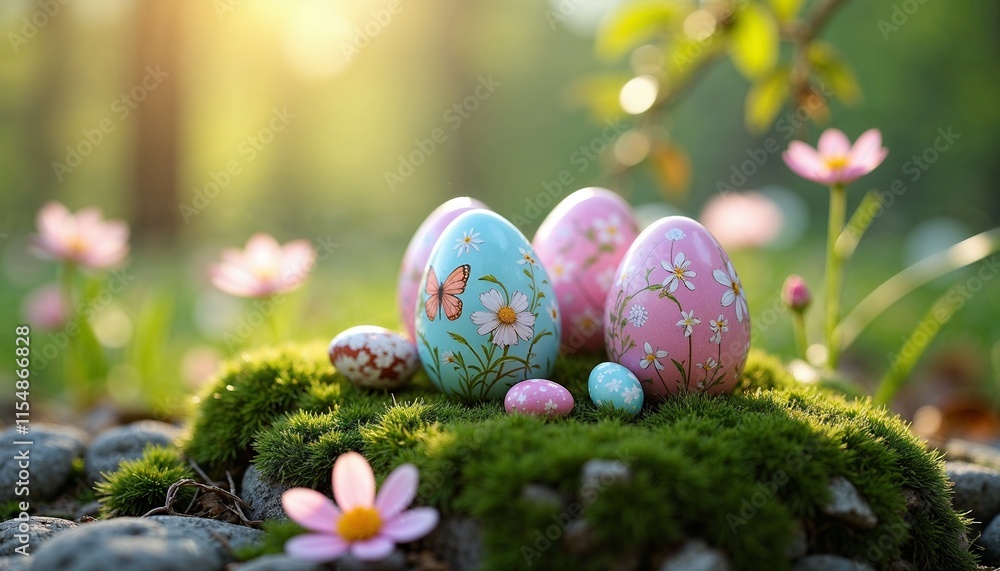 Serene outdoor scene of painted Easter eggs on moss-covered stone with butterflies and flowers Serene outdoor scene of painted Easter eggs on moss-covered stone with butterflies and flowers