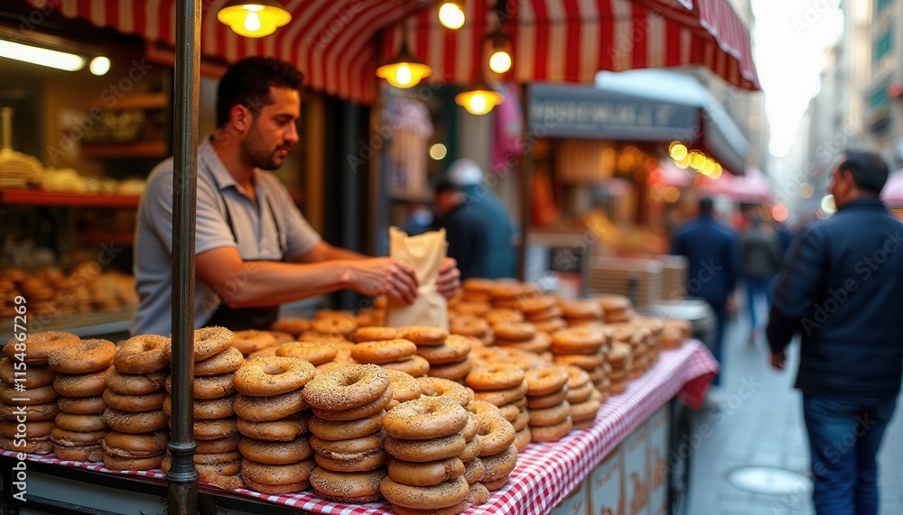 Delicious Bagels at a Busy Street Market Food Stall Delicious Bagels at a Busy Street Market Food Stall