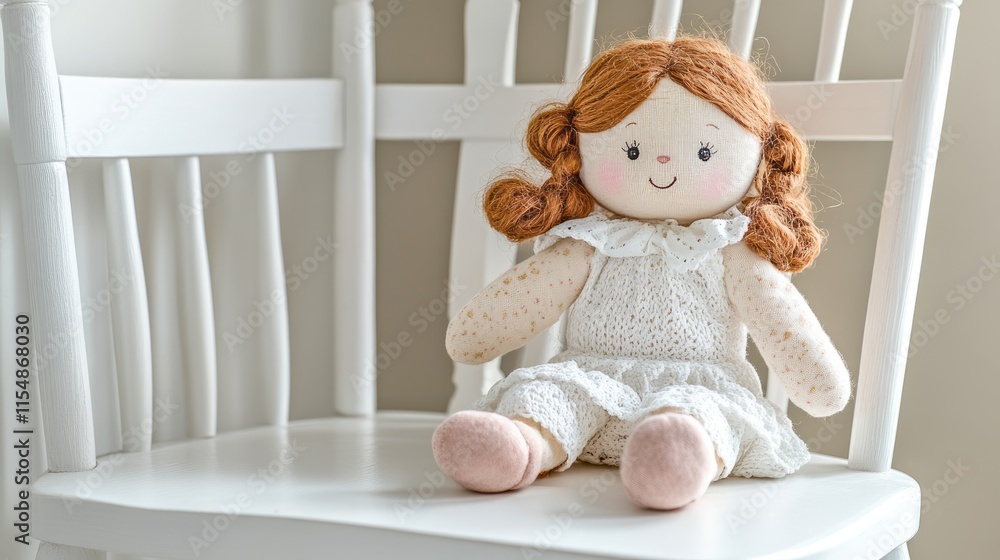 Cute Handmade Doll Sitting on White Chair in Bright Room Cute Handmade Doll Sitting on White Chair in Bright Room