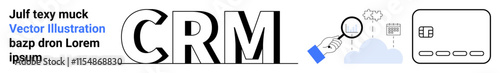 CRM elements with icons representing a magnifying glass focused on data, a cloud, and a card interface. Ideal for customer management, analytics, cloud services, data security, business solutions