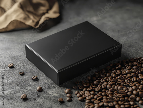 sleek black coffee box surrounded by roasted coffee beans on textured surface, creating modern and elegant presentation for coffee lovers photo