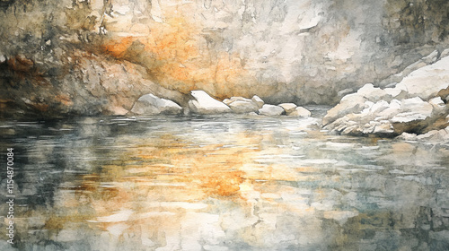 Watercolor Riverbed: Tranquil Flowing Water Reflection
