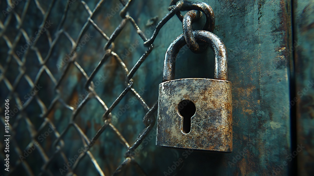 Padlock on the chain link fence at night, security concept Padlock on the chain link fence at night, security concept