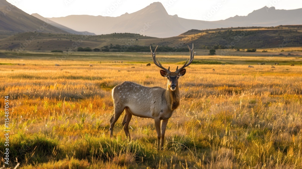 Fototapeta premium Majestic deer in golden meadow at sunset.