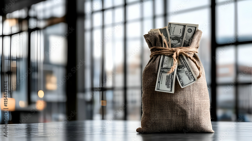 Obraz premium Burlap Sack Filled with Cash, Financial Security & Wealth