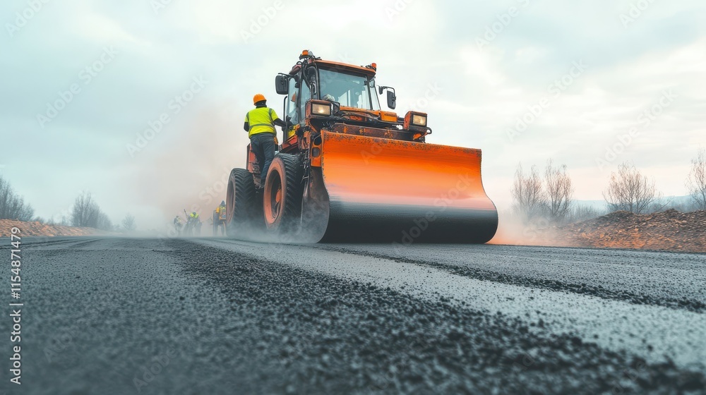 Fototapeta premium Construction worker operating a road roller during asphalt paving in a rural area, under cloudy skies.