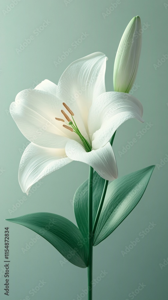 Elegant White Lily Flower with Bud on Soft Green Background Elegant White Lily Flower with Bud on Soft Green Background
