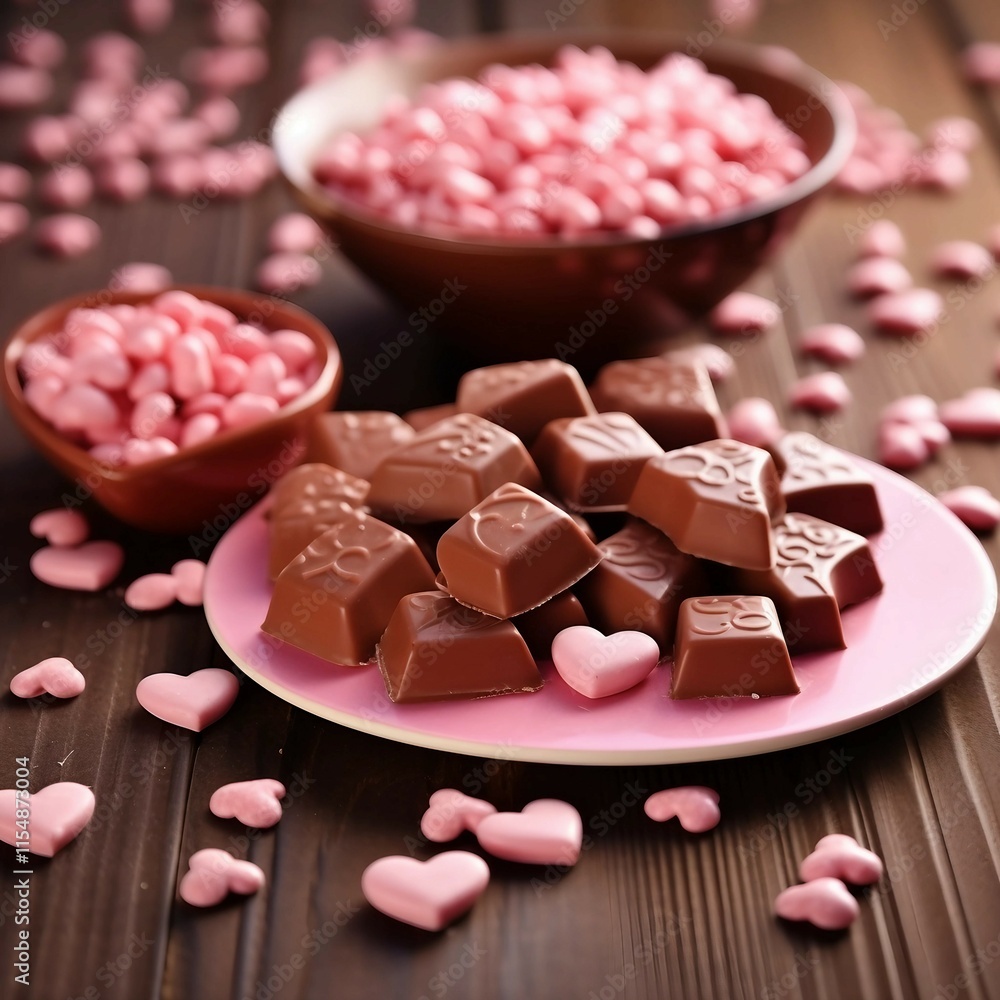 Plate of Chocolate Heart-shaped Candies for Valentine's Day Plate of Chocolate Heart-shaped Candies for Valentine's Day