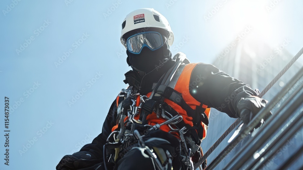 Male construction worker in safety gear, descending a skyscraper against a bright blue sky.