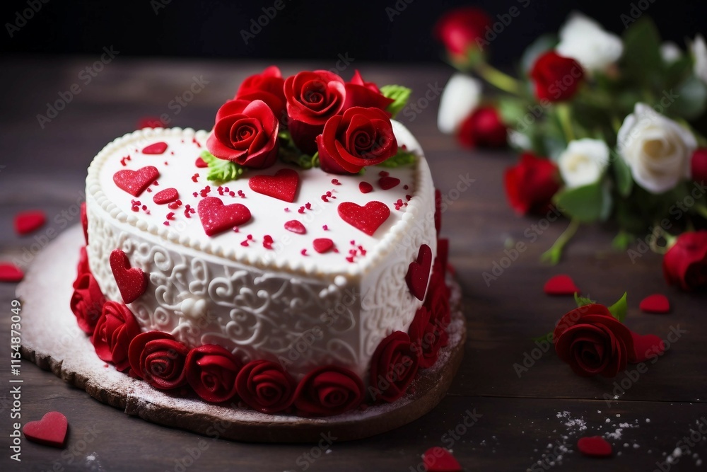 Valentine's Day Cake with Red Hearts and Roses Valentine's Day Cake with Red Hearts and Roses