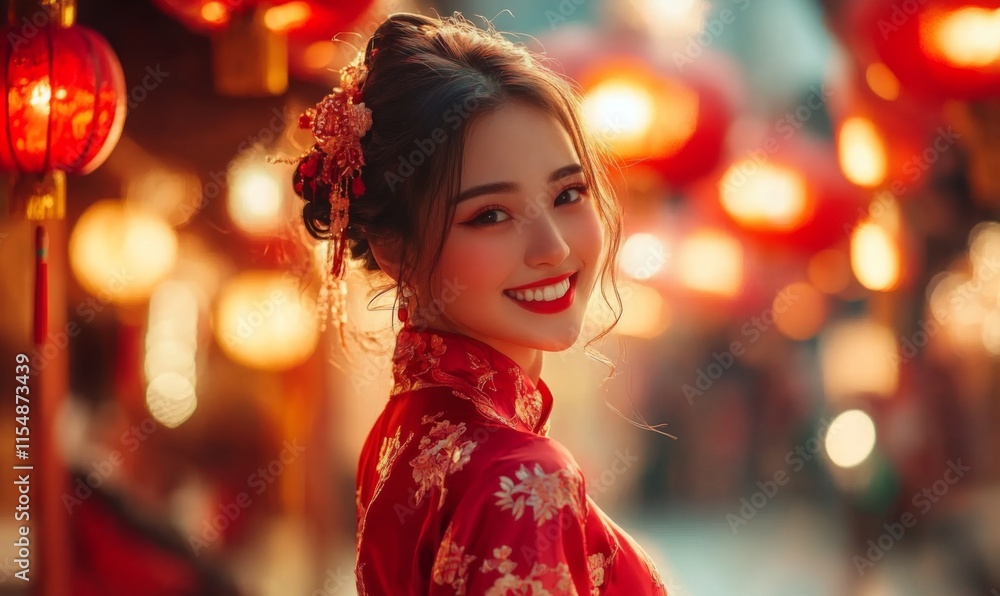 asia girl smile wearing red cheongsam at lunar chinese new year festival asia girl smile wearing red cheongsam at lunar chinese new year festival