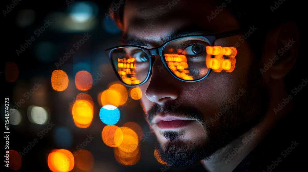 Night City Coder, Man's Focus Reflected in Glasses, Illuminates Urban Glow. Intensely studies code late at night with determination. Night City Coder, Man's Focus Reflected in Glasses, Illuminates Urban Glow. Intensely studies code late at night with determination.