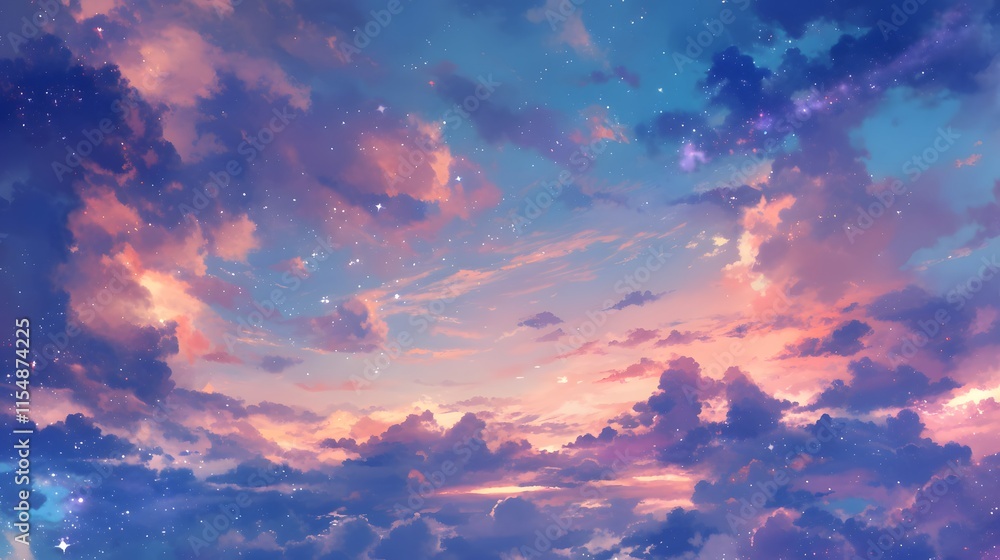 Fototapeta premium Fantasy anime sky with clouds and stars, ethereal colors and calm scene