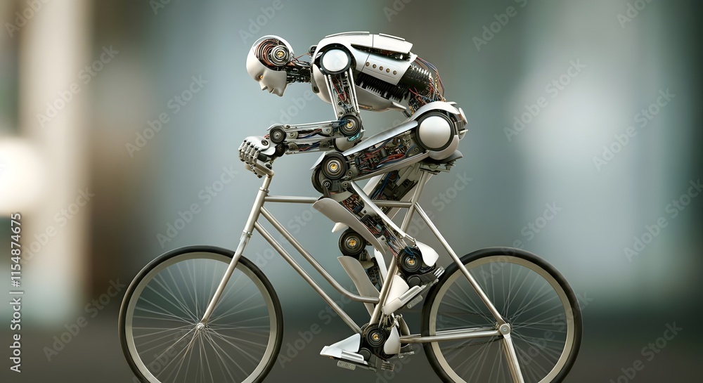 Futuristic robot exercising on a stationary bike, Advanced AI robot on a stationary bike, representing fitness and technology fusion Futuristic robot exercising on a stationary bike, Advanced AI robot on a stationary bike, representing fitness and technology fusion