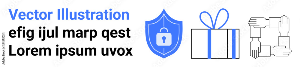 Shield with padlock symbolizes security. Gift box represents giving. Joined hands signify teamwork. Ideal for security protocols, celebrations, community building, trust-building activities Shield with padlock symbolizes security. Gift box represents giving. Joined hands signify teamwork. Ideal for security protocols, celebrations, community building, trust-building activities