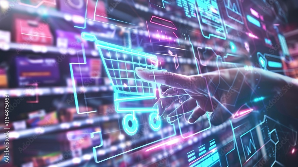 Fototapeta premium Hand interacting with holographic shopping cart interface over supermarket shelves.