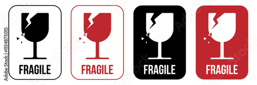 Fragile, handle with care sign line and fill, red and black icon vector symbol. Shipping, delivery, e-commerce, transport, logistics sticker label transparent background png.
