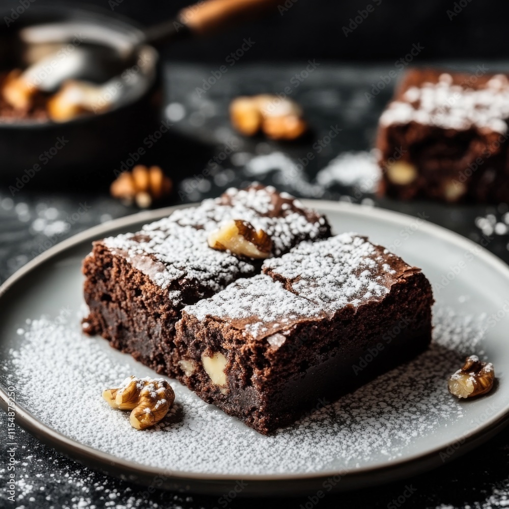 Decadent brownie squares on a plate. Featuring chocolate and nuts Decadent brownie squares on a plate. Featuring chocolate and nuts