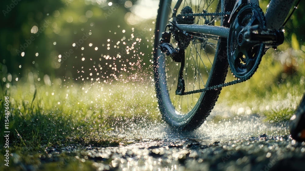Obraz premium Water Splashing from Bicycle Tire on Fresh Green Pathway in Nature