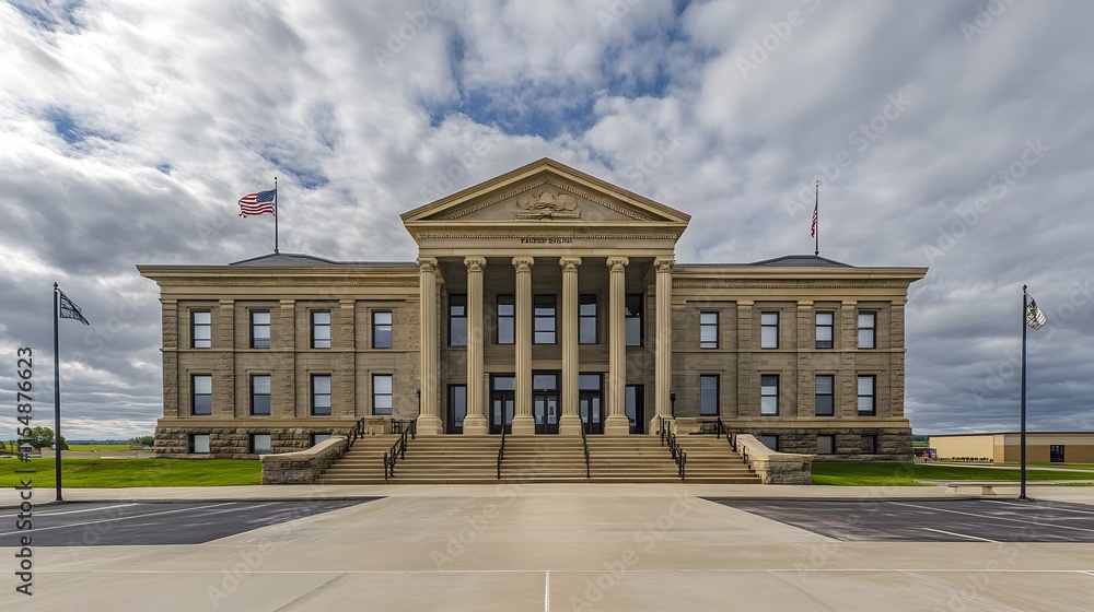 Obraz premium Dramatic courthouse exterior featuring towering stone columns and grand architecture, symbolizing justice, authority, and the importance of legal proceedings in society