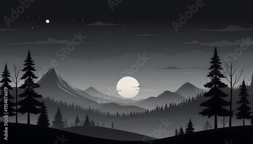 Monochromatic Mountain Landscape Night Scene Full Moon Silhouette Trees