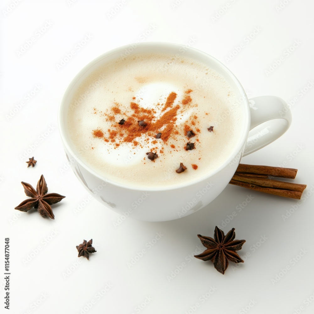 Delicious chai tea latte in a cup. Featuring spices and milk foam Delicious chai tea latte in a cup. Featuring spices and milk foam