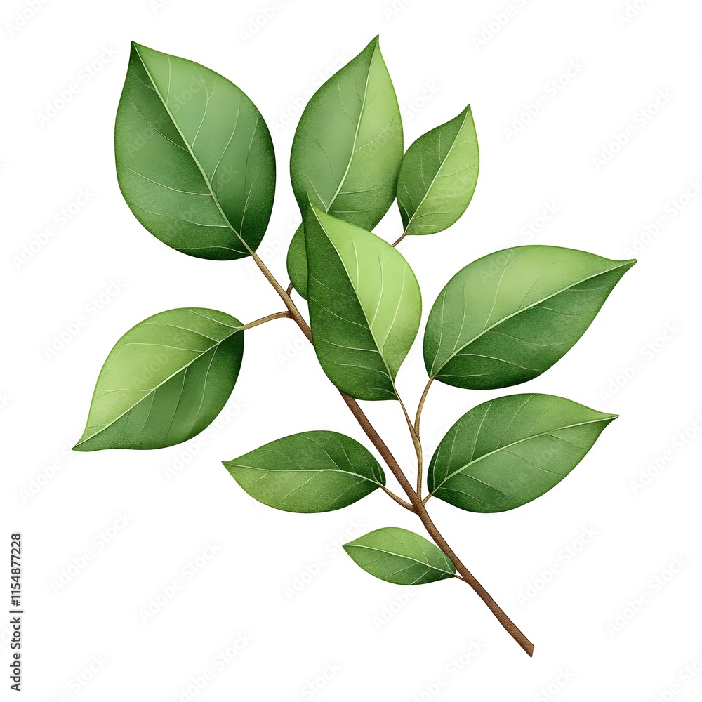 Fototapeta premium A detailed watercolor illustration of a delicate branch with several vibrant green leaves.